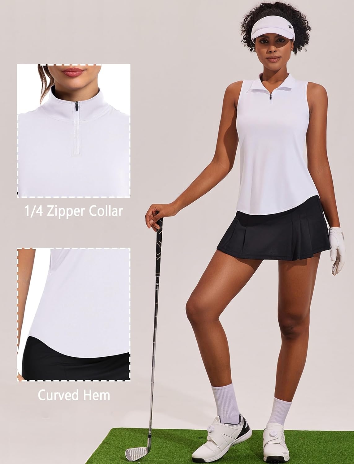 image:imagePINSPARK Women Golf Shirts Sleeveless UPF 50 Tennis Polo Shirts 14 Zip with Collar Racerback Tank Tops Pickleball ShirtsWhite