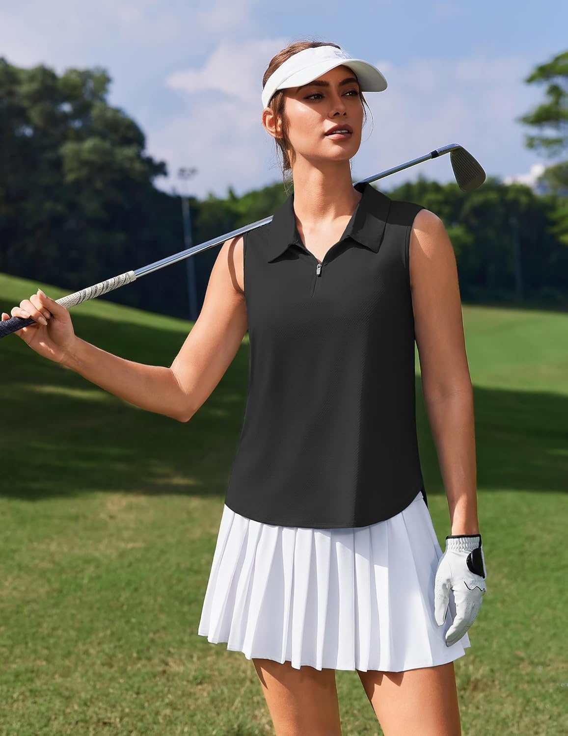 image:imagePINSPARK Women Golf Shirts Sleeveless UPF 50 Tennis Polo VNeck Quick Dry Athletic T Shirt 14 Zip Collar Workout Tank TopBlack