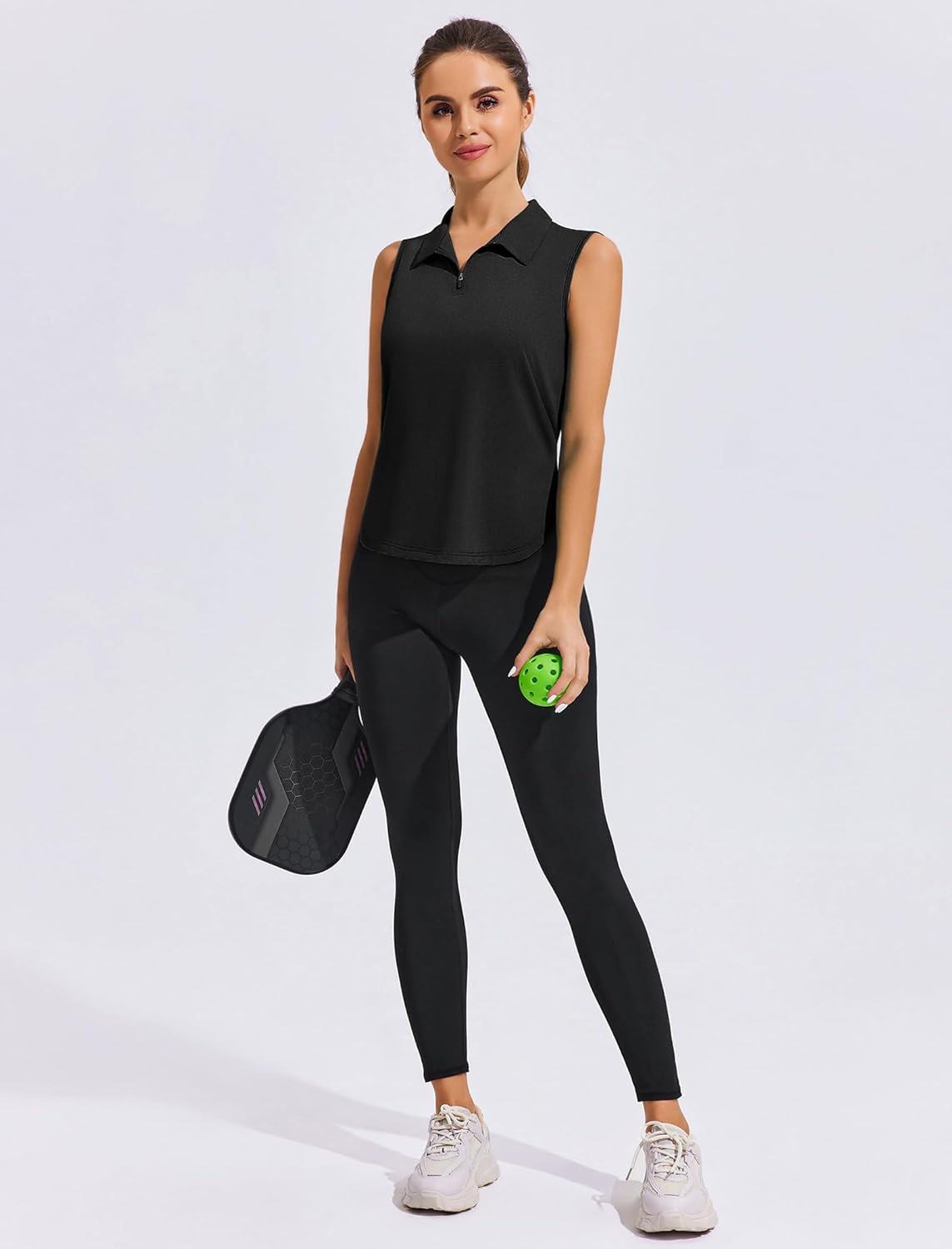 image:imagePINSPARK Women Golf Shirts Sleeveless UPF 50 Tennis Polo VNeck Quick Dry Athletic T Shirt 14 Zip Collar Workout Tank TopBlack