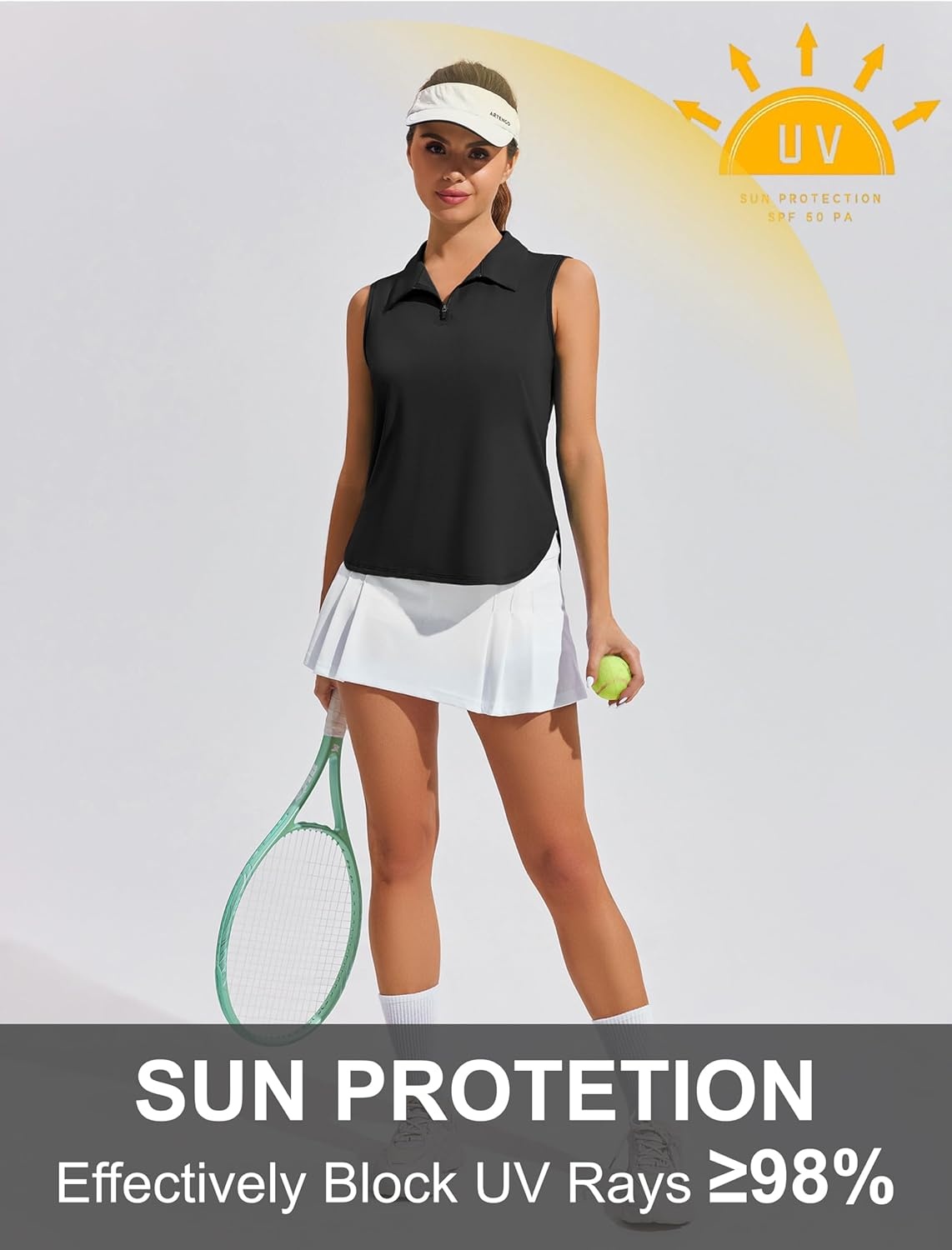 image:imagePINSPARK Women Golf Shirts Sleeveless UPF 50 Tennis Polo VNeck Quick Dry Athletic T Shirt 14 Zip Collar Workout Tank TopBlack