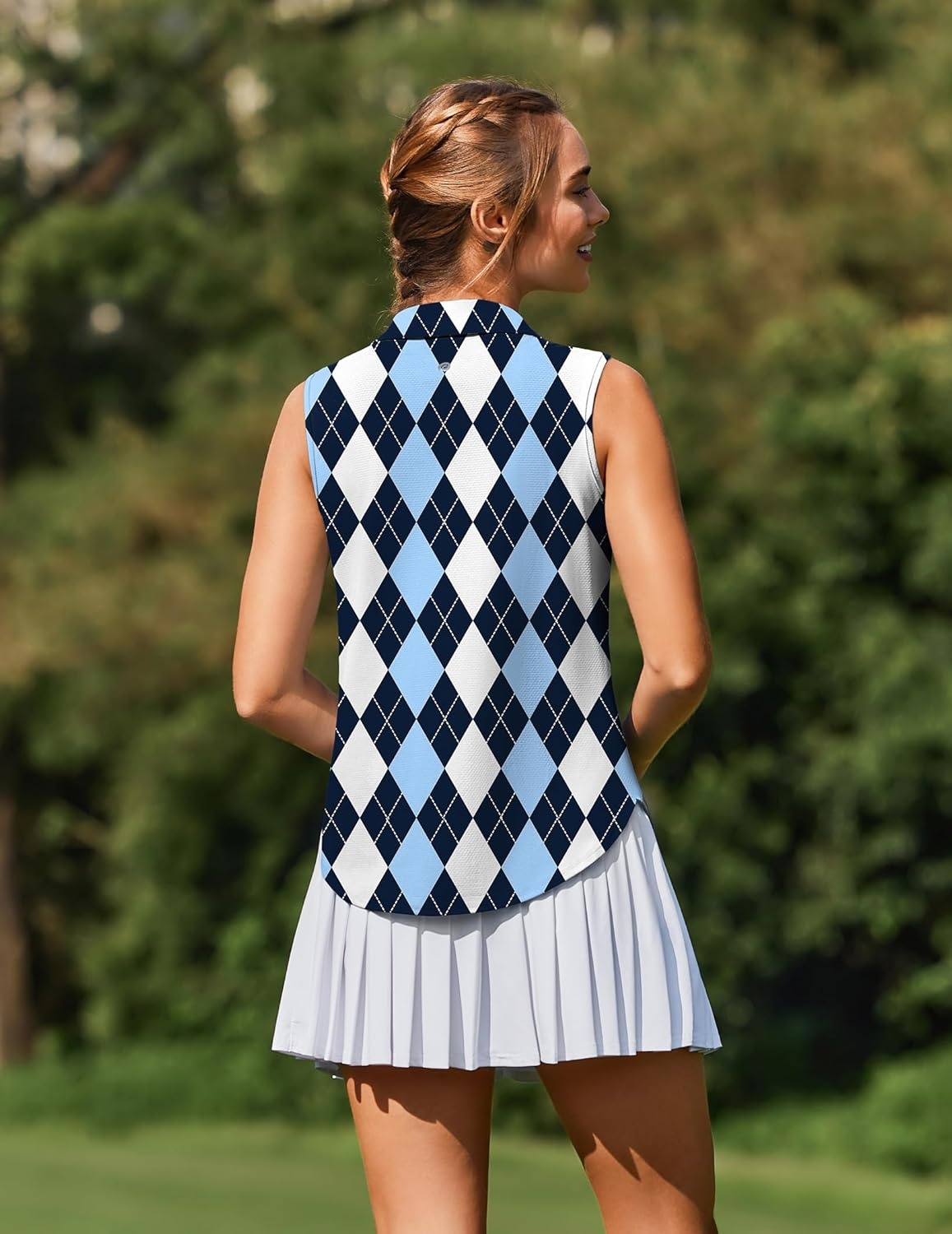 image:imagePINSPARK Women Golf Shirts Sleeveless UPF 50 Tennis Polo VNeck Quick Dry Athletic T Shirt 14 Zip Collar Workout Tank TopBlack Blue Plaid
