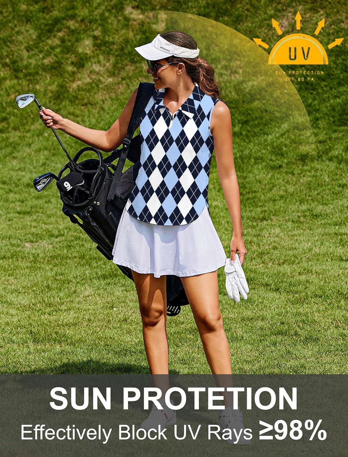 image:imagePINSPARK Women Golf Shirts Sleeveless UPF 50 Tennis Polo VNeck Quick Dry Athletic T Shirt 14 Zip Collar Workout Tank TopBlack Blue Plaid