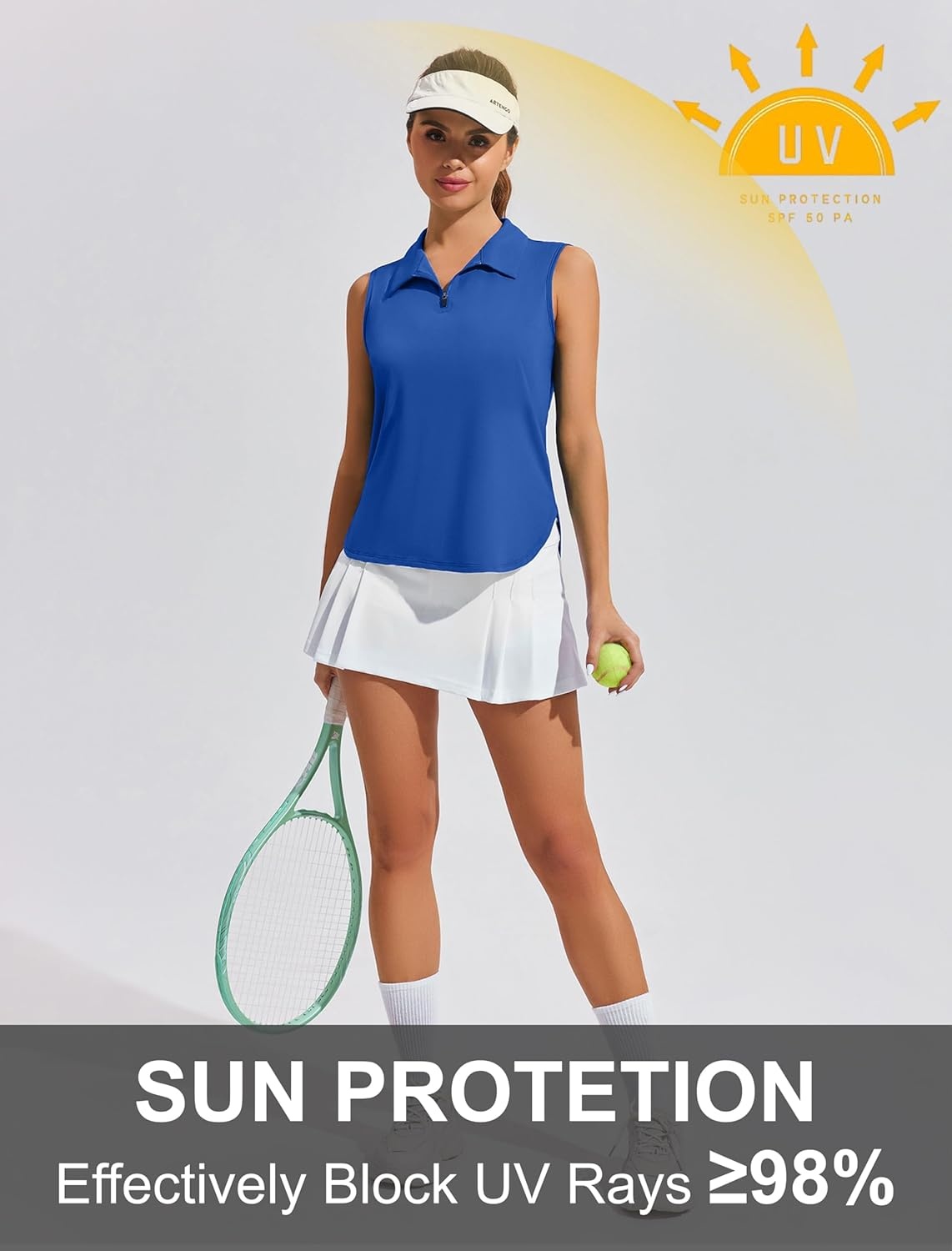 image:imagePINSPARK Women Golf Shirts Sleeveless UPF 50 Tennis Polo VNeck Quick Dry Athletic T Shirt 14 Zip Collar Workout Tank TopBlue