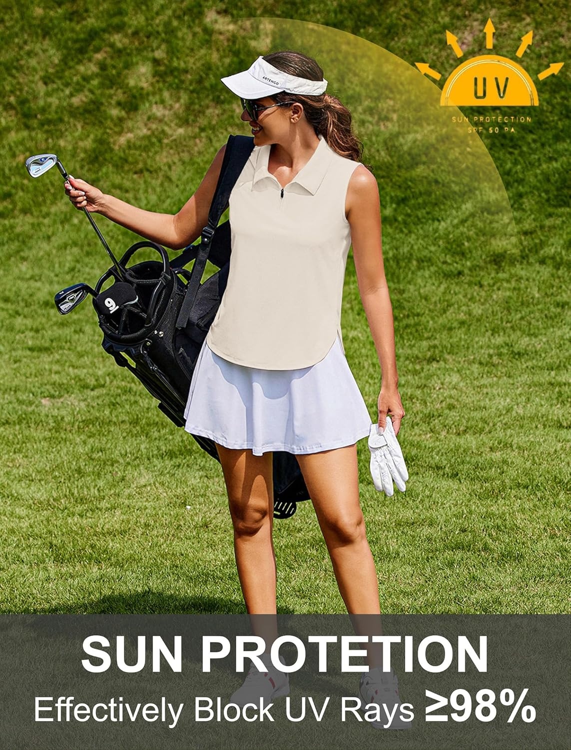 image:imagePINSPARK Women Golf Shirts Sleeveless UPF 50 Tennis Polo VNeck Quick Dry Athletic T Shirt 14 Zip Collar Workout Tank TopBone White