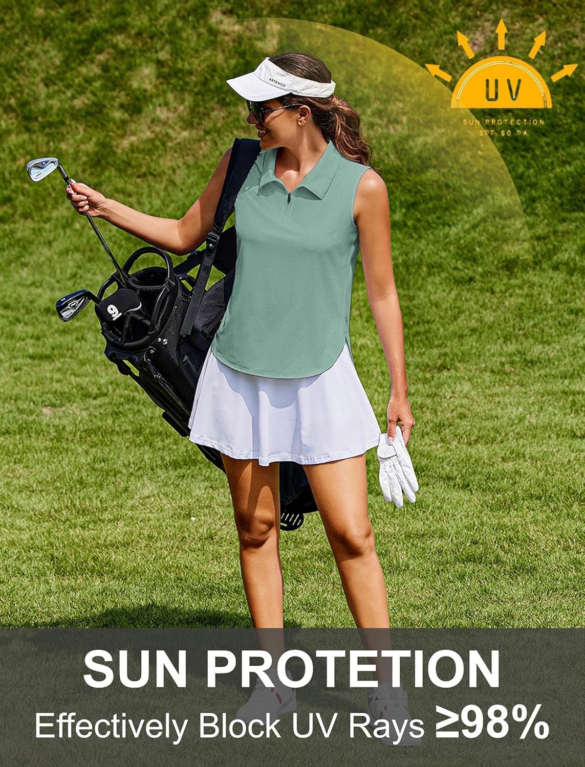 image:imagePINSPARK Women Golf Shirts Sleeveless UPF 50 Tennis Polo VNeck Quick Dry Athletic T Shirt 14 Zip Collar Workout Tank TopDark Green
