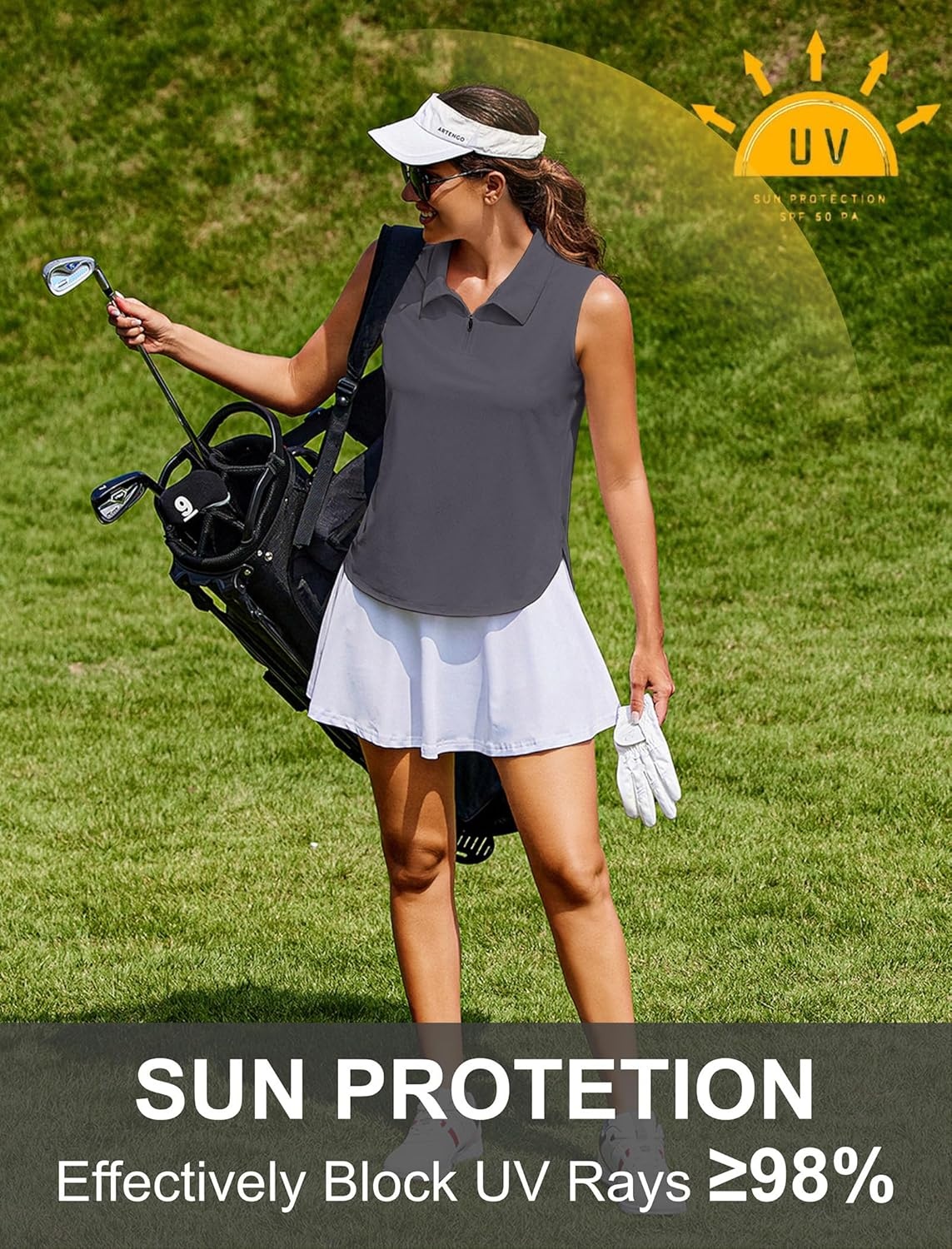 image:imagePINSPARK Women Golf Shirts Sleeveless UPF 50 Tennis Polo VNeck Quick Dry Athletic T Shirt 14 Zip Collar Workout Tank TopDark Grey