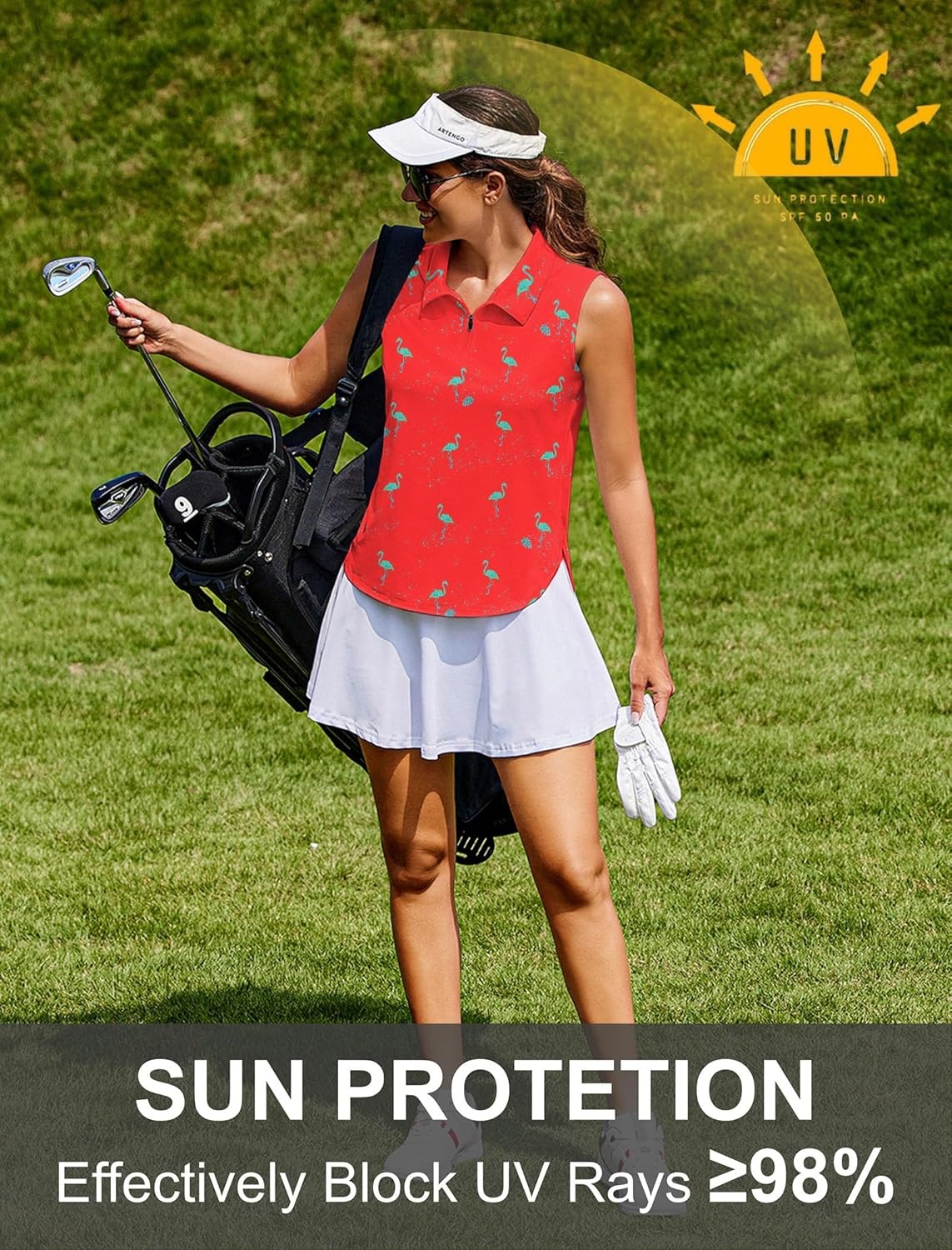 image:imagePINSPARK Women Golf Shirts Sleeveless UPF 50 Tennis Polo VNeck Quick Dry Athletic T Shirt 14 Zip Collar Workout Tank TopFlamingo Red