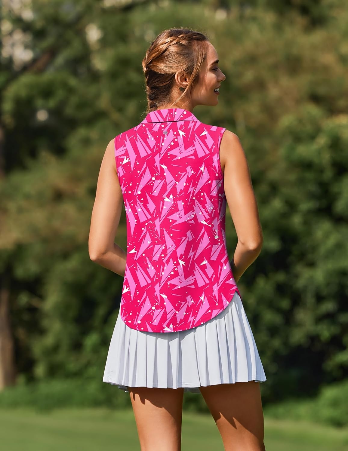 image:imagePINSPARK Women Golf Shirts Sleeveless UPF 50 Tennis Polo VNeck Quick Dry Athletic T Shirt 14 Zip Collar Workout Tank TopGeometry Pink