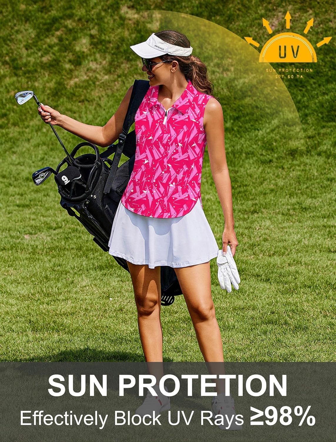 image:imagePINSPARK Women Golf Shirts Sleeveless UPF 50 Tennis Polo VNeck Quick Dry Athletic T Shirt 14 Zip Collar Workout Tank TopGeometry Pink