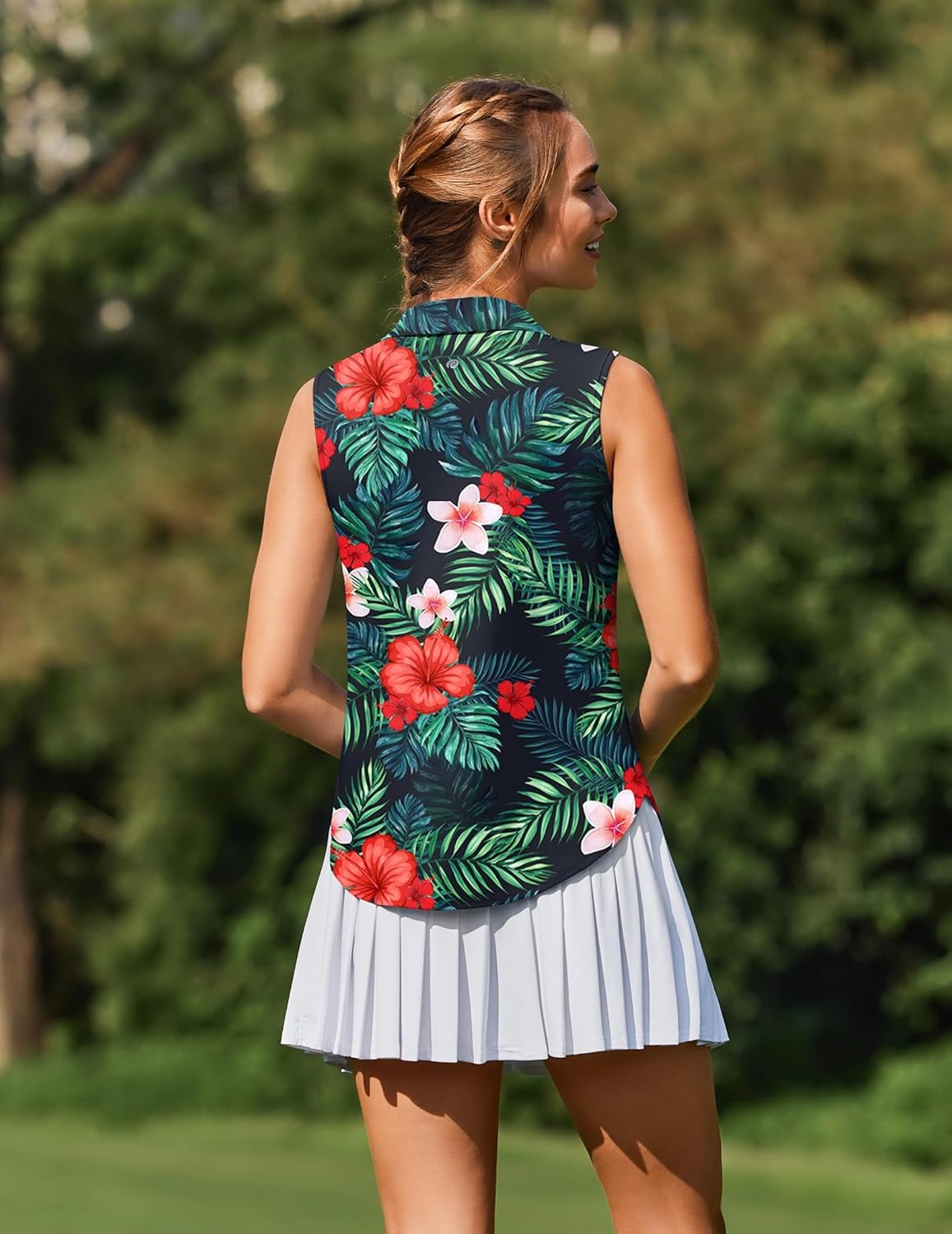 image:imagePINSPARK Women Golf Shirts Sleeveless UPF 50 Tennis Polo VNeck Quick Dry Athletic T Shirt 14 Zip Collar Workout Tank TopHawaiian Flowers