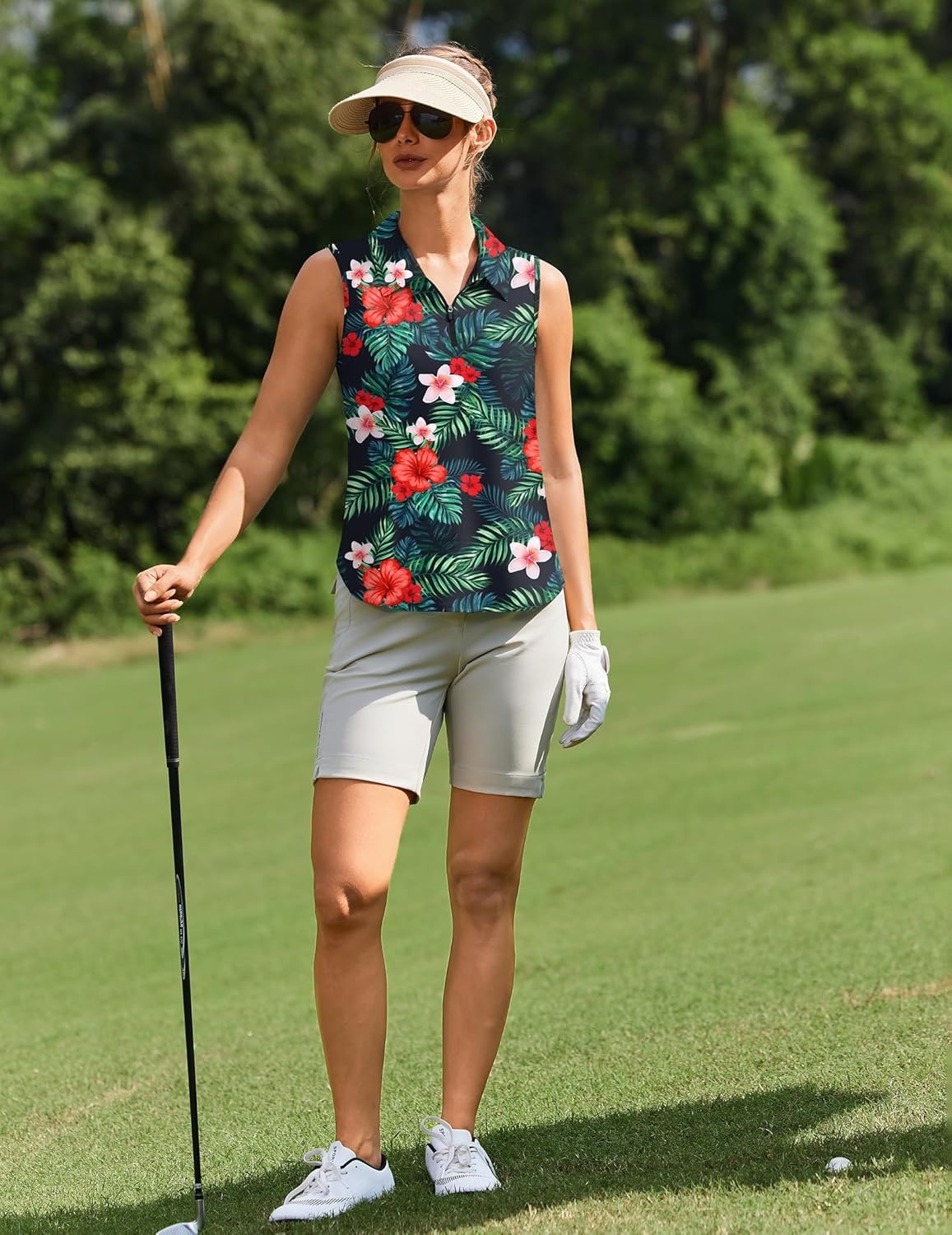 image:imagePINSPARK Women Golf Shirts Sleeveless UPF 50 Tennis Polo VNeck Quick Dry Athletic T Shirt 14 Zip Collar Workout Tank TopHawaiian Flowers
