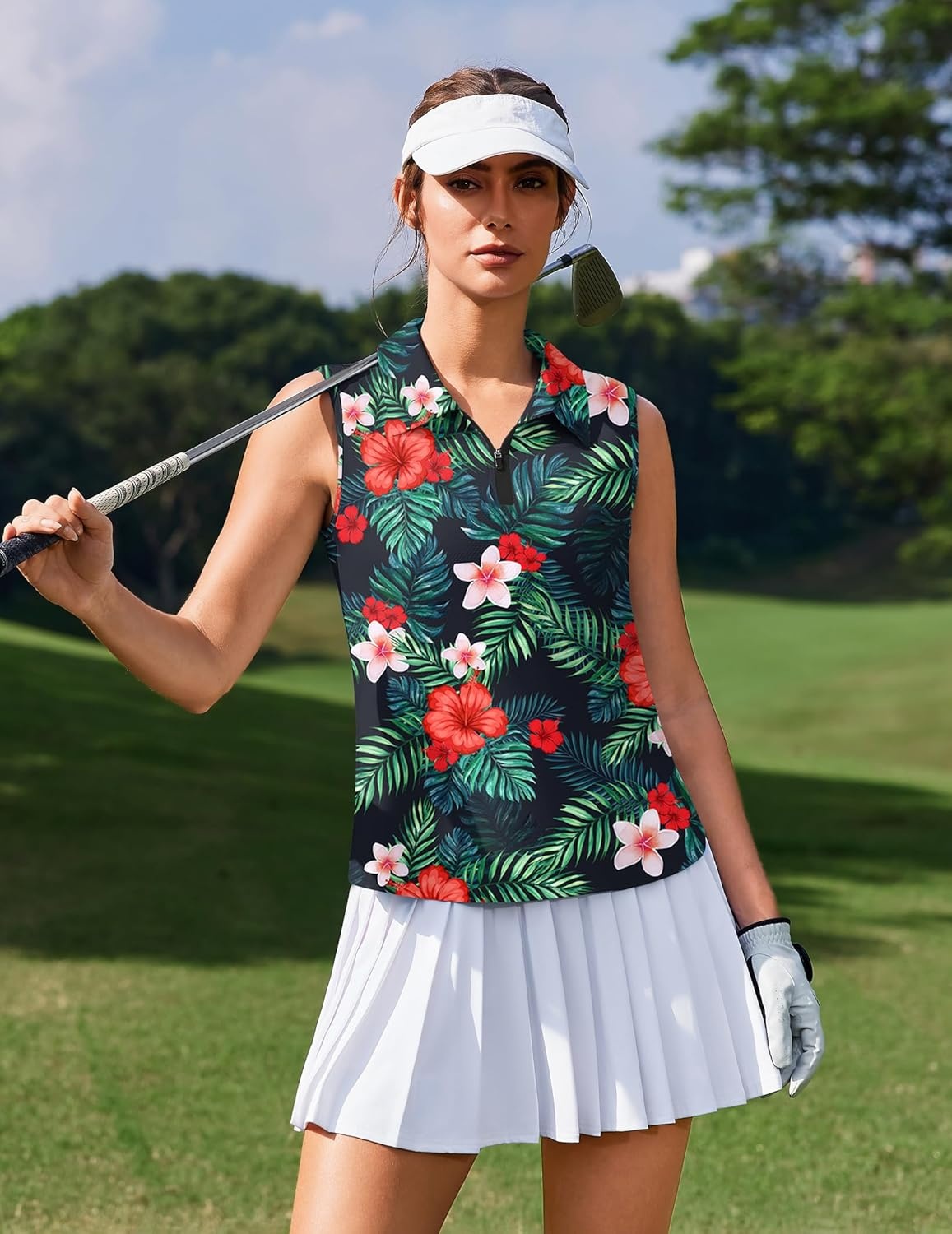 image:imagePINSPARK Women Golf Shirts Sleeveless UPF 50 Tennis Polo VNeck Quick Dry Athletic T Shirt 14 Zip Collar Workout Tank TopHawaiian Flowers