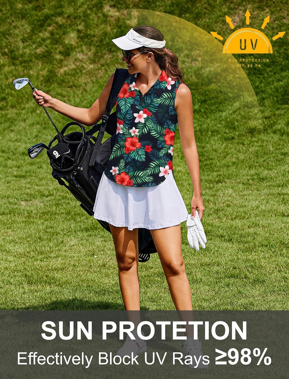 image:imagePINSPARK Women Golf Shirts Sleeveless UPF 50 Tennis Polo VNeck Quick Dry Athletic T Shirt 14 Zip Collar Workout Tank TopHawaiian Flowers