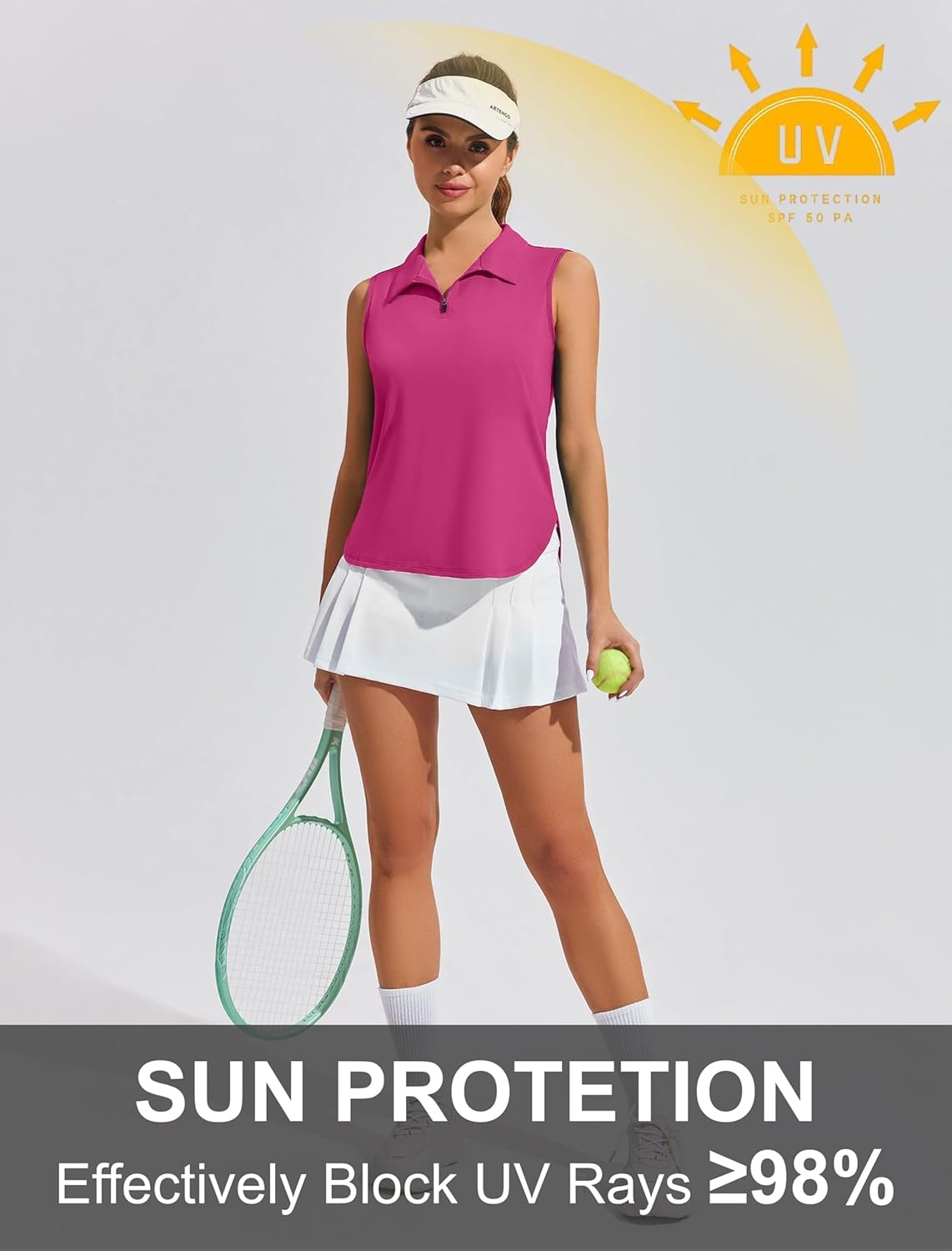 image:imagePINSPARK Women Golf Shirts Sleeveless UPF 50 Tennis Polo VNeck Quick Dry Athletic T Shirt 14 Zip Collar Workout Tank TopHot Pink