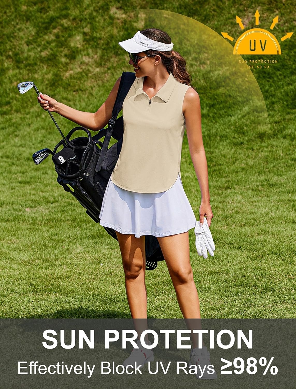 image:imagePINSPARK Women Golf Shirts Sleeveless UPF 50 Tennis Polo VNeck Quick Dry Athletic T Shirt 14 Zip Collar Workout Tank TopKhaki