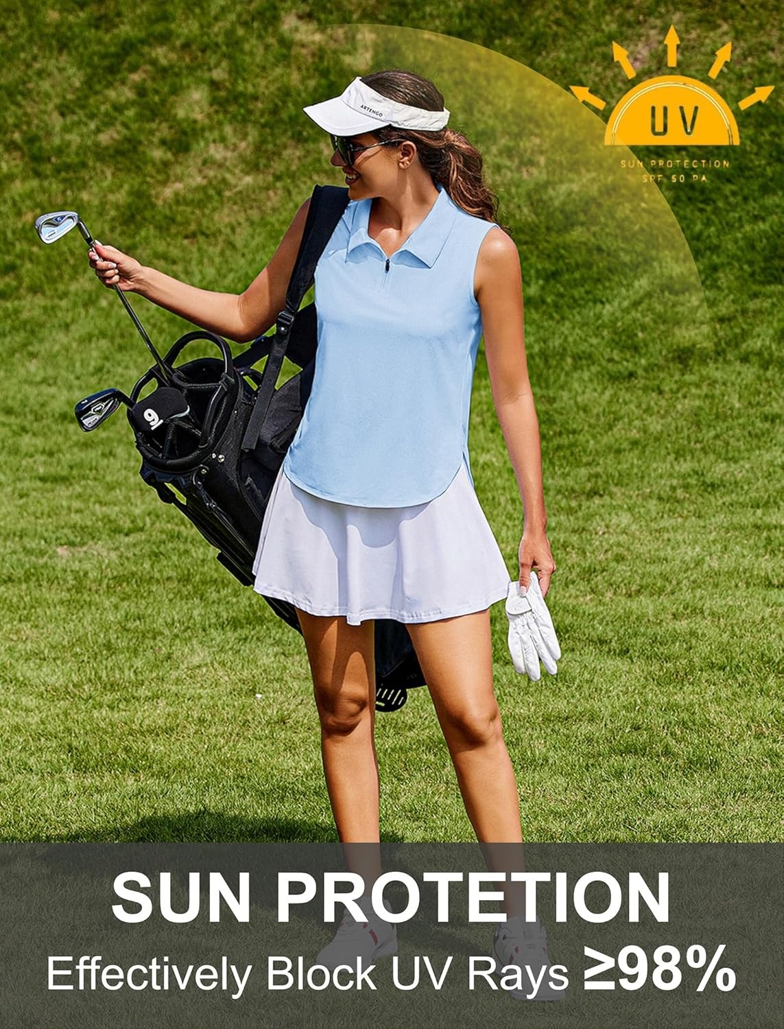 image:imagePINSPARK Women Golf Shirts Sleeveless UPF 50 Tennis Polo VNeck Quick Dry Athletic T Shirt 14 Zip Collar Workout Tank TopLight Blue