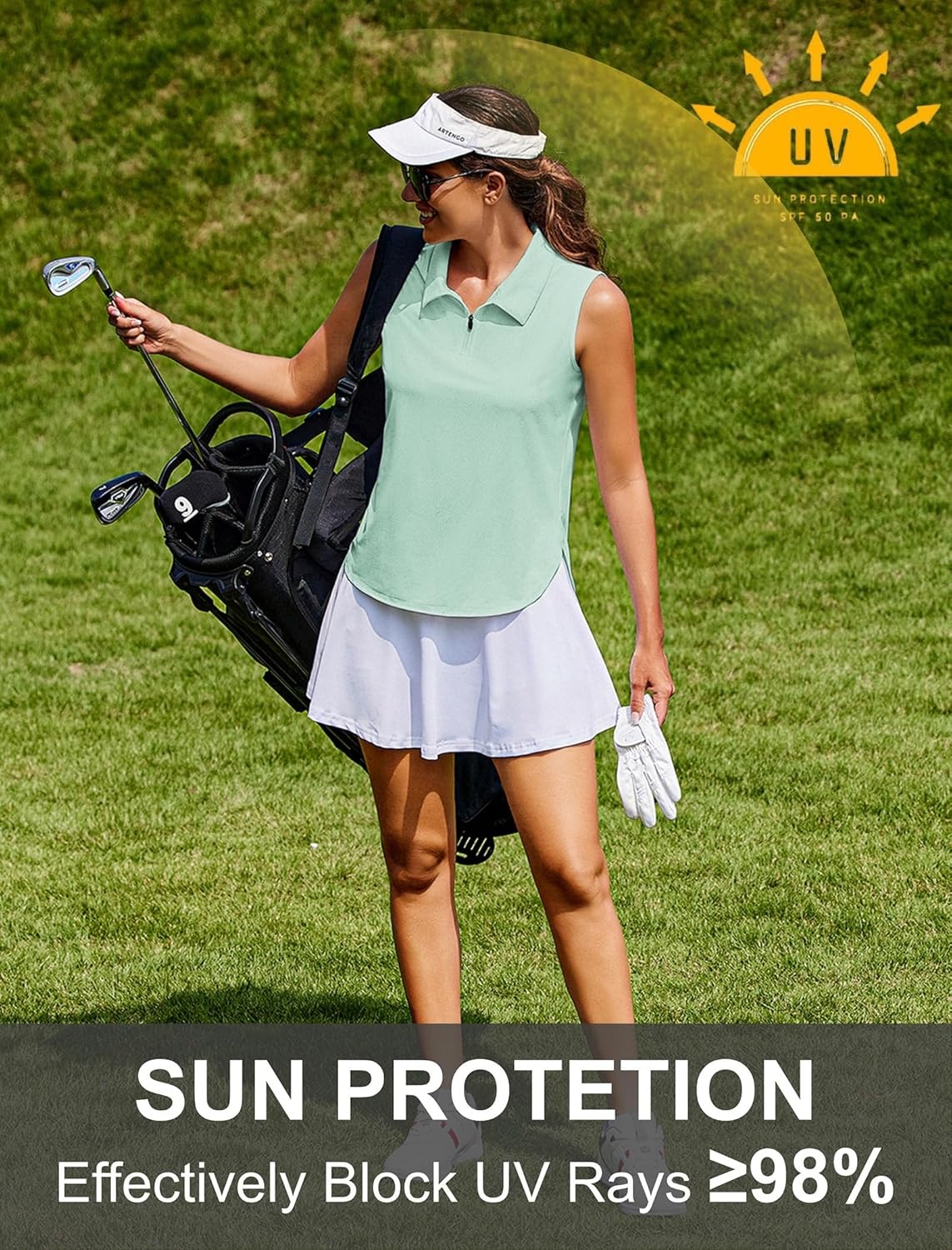 image:imagePINSPARK Women Golf Shirts Sleeveless UPF 50 Tennis Polo VNeck Quick Dry Athletic T Shirt 14 Zip Collar Workout Tank TopLight Green