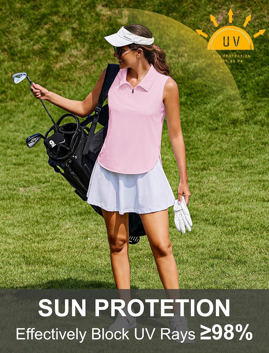 image:imagePINSPARK Women Golf Shirts Sleeveless UPF 50 Tennis Polo VNeck Quick Dry Athletic T Shirt 14 Zip Collar Workout Tank TopLight Pink