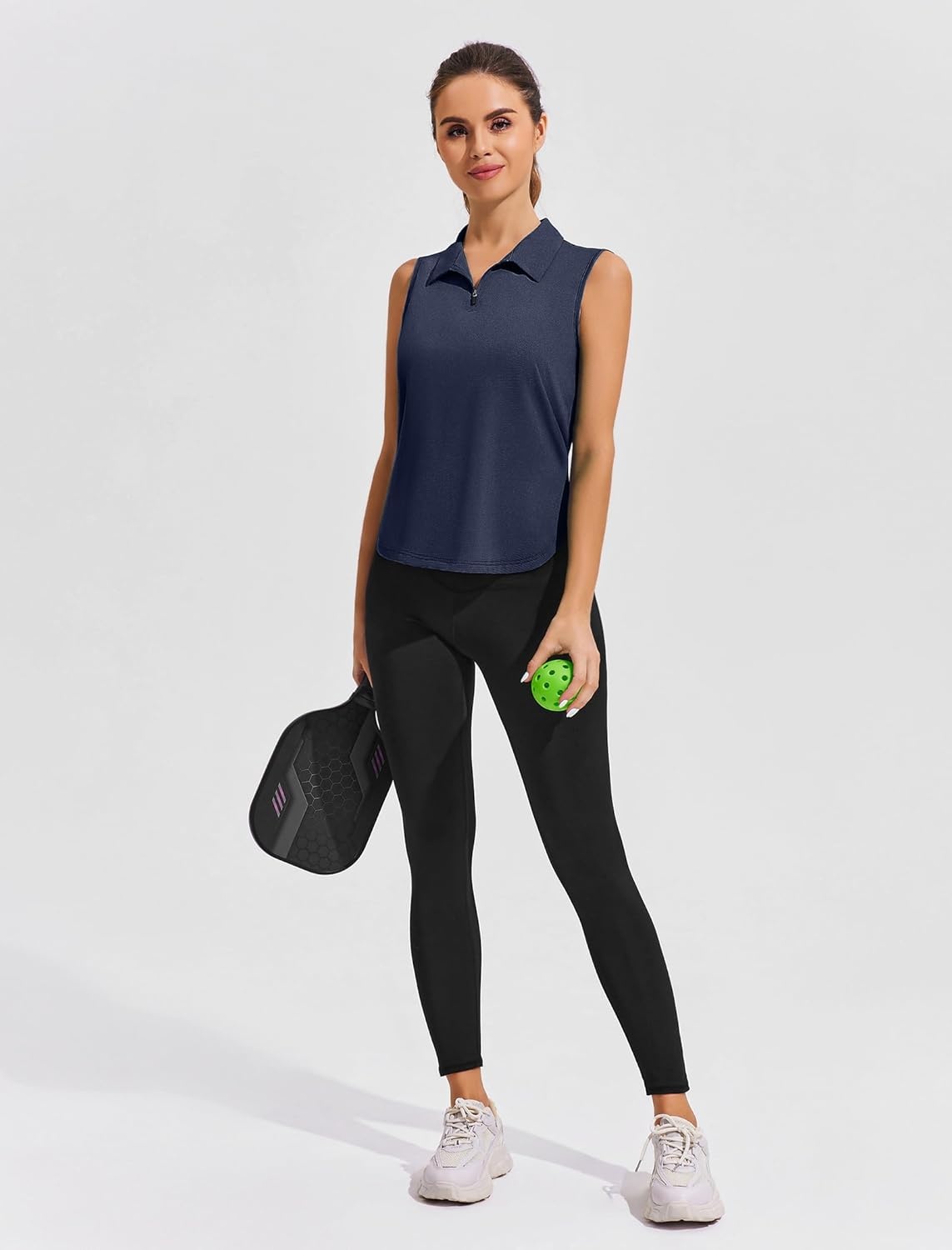 image:imagePINSPARK Women Golf Shirts Sleeveless UPF 50 Tennis Polo VNeck Quick Dry Athletic T Shirt 14 Zip Collar Workout Tank TopNavy