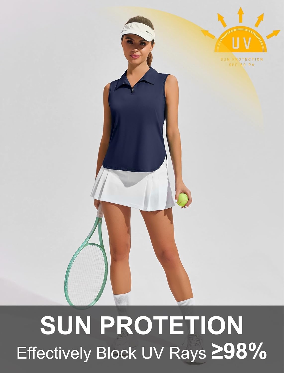 image:imagePINSPARK Women Golf Shirts Sleeveless UPF 50 Tennis Polo VNeck Quick Dry Athletic T Shirt 14 Zip Collar Workout Tank TopNavy