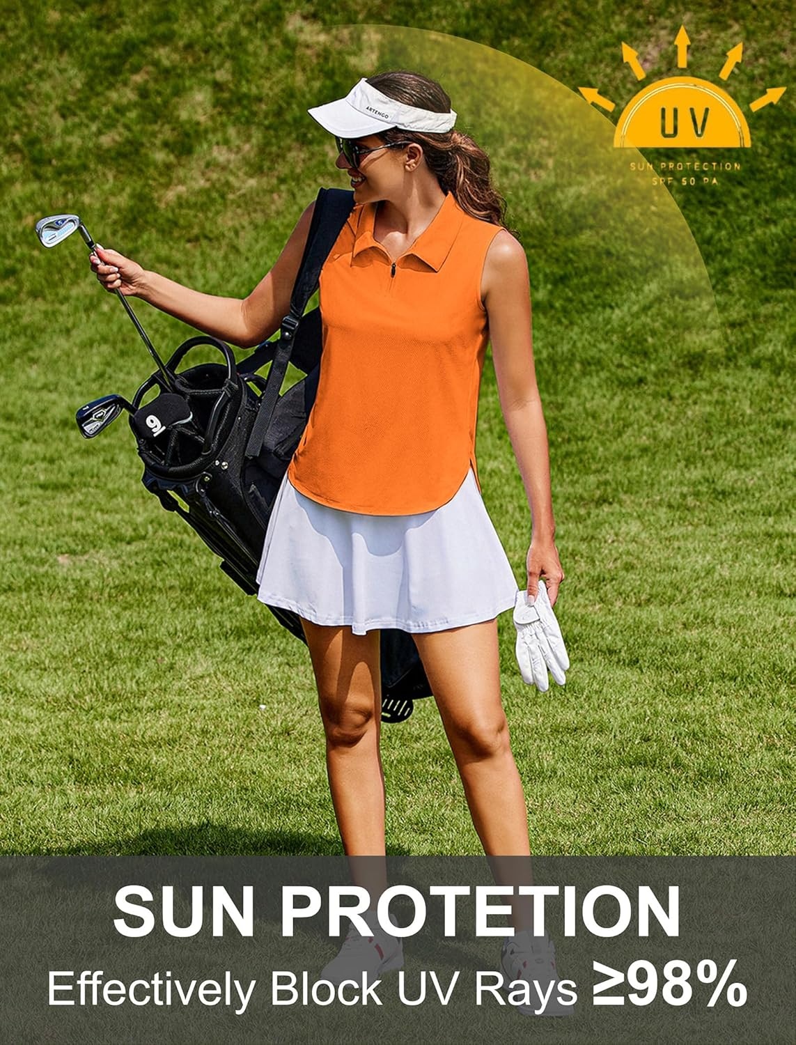image:imagePINSPARK Women Golf Shirts Sleeveless UPF 50 Tennis Polo VNeck Quick Dry Athletic T Shirt 14 Zip Collar Workout Tank TopOrange