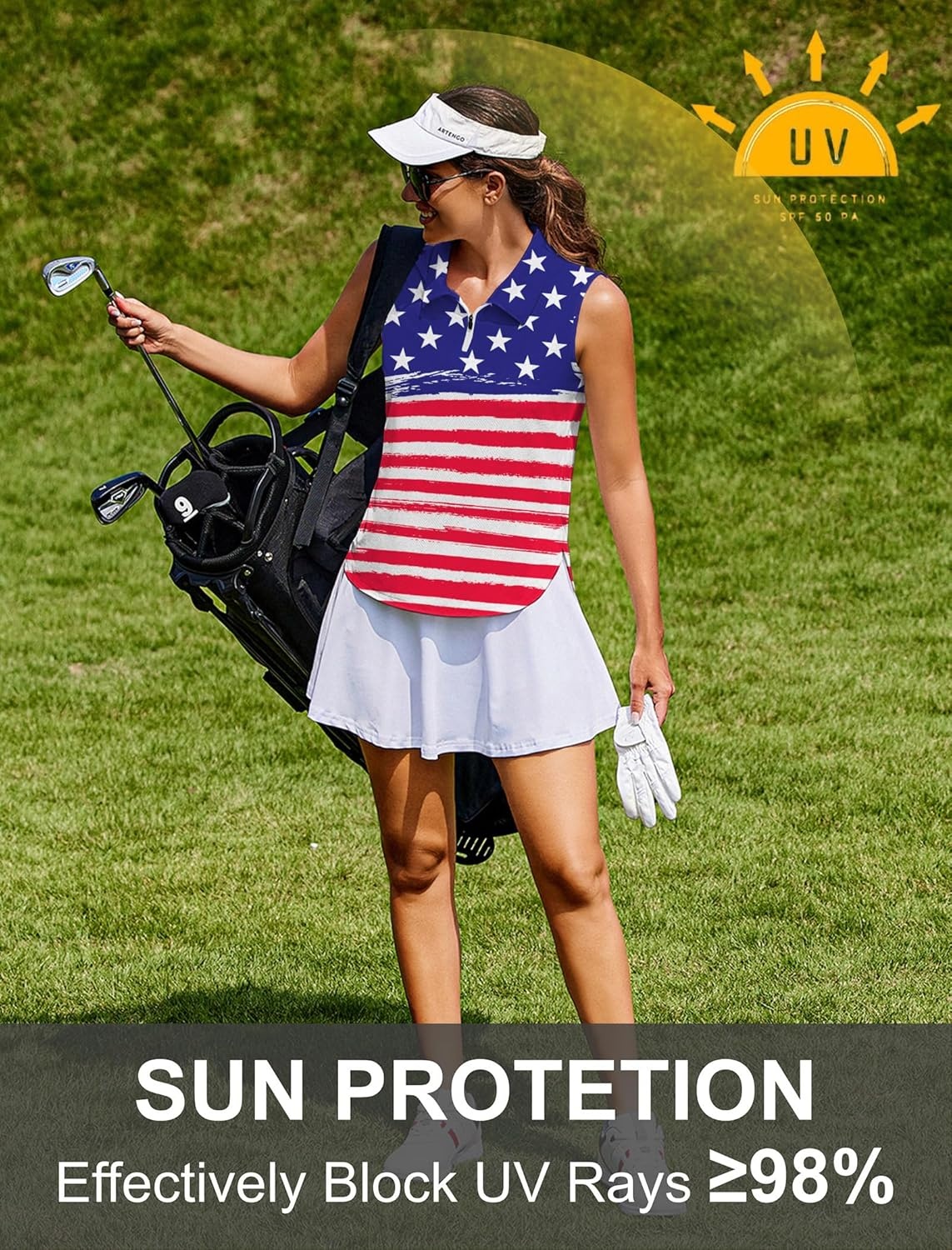 image:imagePINSPARK Women Golf Shirts Sleeveless UPF 50 Tennis Polo VNeck Quick Dry Athletic T Shirt 14 Zip Collar Workout Tank TopPatriot