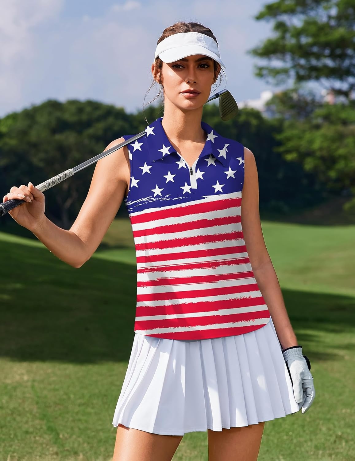 image:imagePINSPARK Women Golf Shirts Sleeveless UPF 50 Tennis Polo VNeck Quick Dry Athletic T Shirt 14 Zip Collar Workout Tank TopPatriot