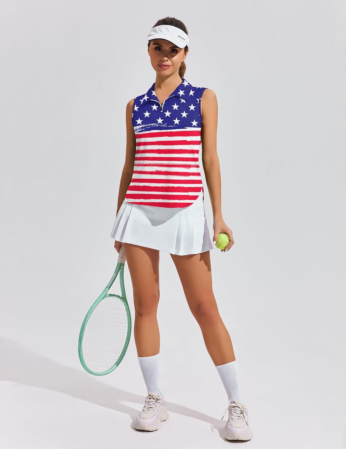 image:imagePINSPARK Women Golf Shirts Sleeveless UPF 50 Tennis Polo VNeck Quick Dry Athletic T Shirt 14 Zip Collar Workout Tank TopPatriot