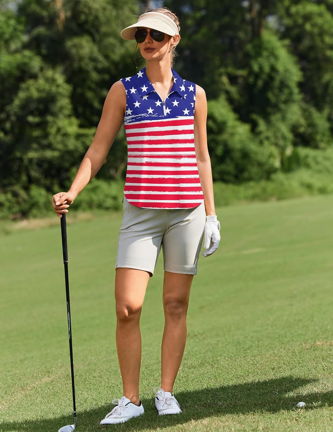 image:imagePINSPARK Women Golf Shirts Sleeveless UPF 50 Tennis Polo VNeck Quick Dry Athletic T Shirt 14 Zip Collar Workout Tank TopPatriot