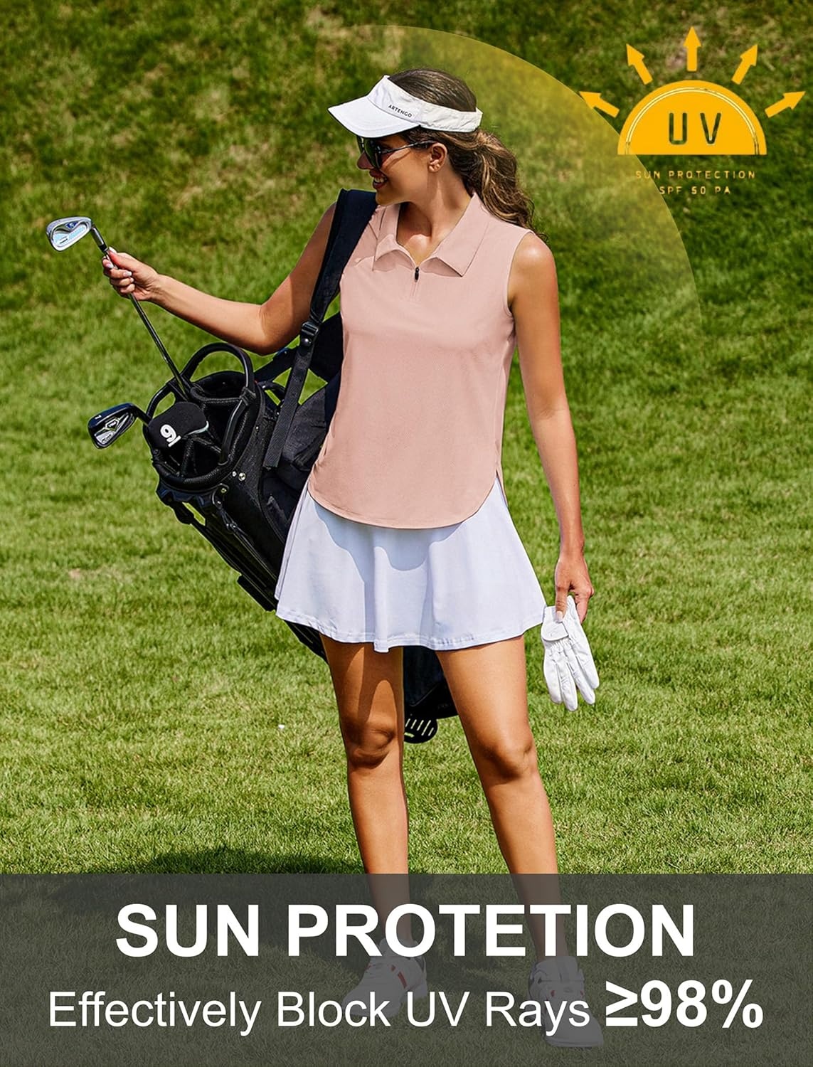 image:imagePINSPARK Women Golf Shirts Sleeveless UPF 50 Tennis Polo VNeck Quick Dry Athletic T Shirt 14 Zip Collar Workout Tank TopPink