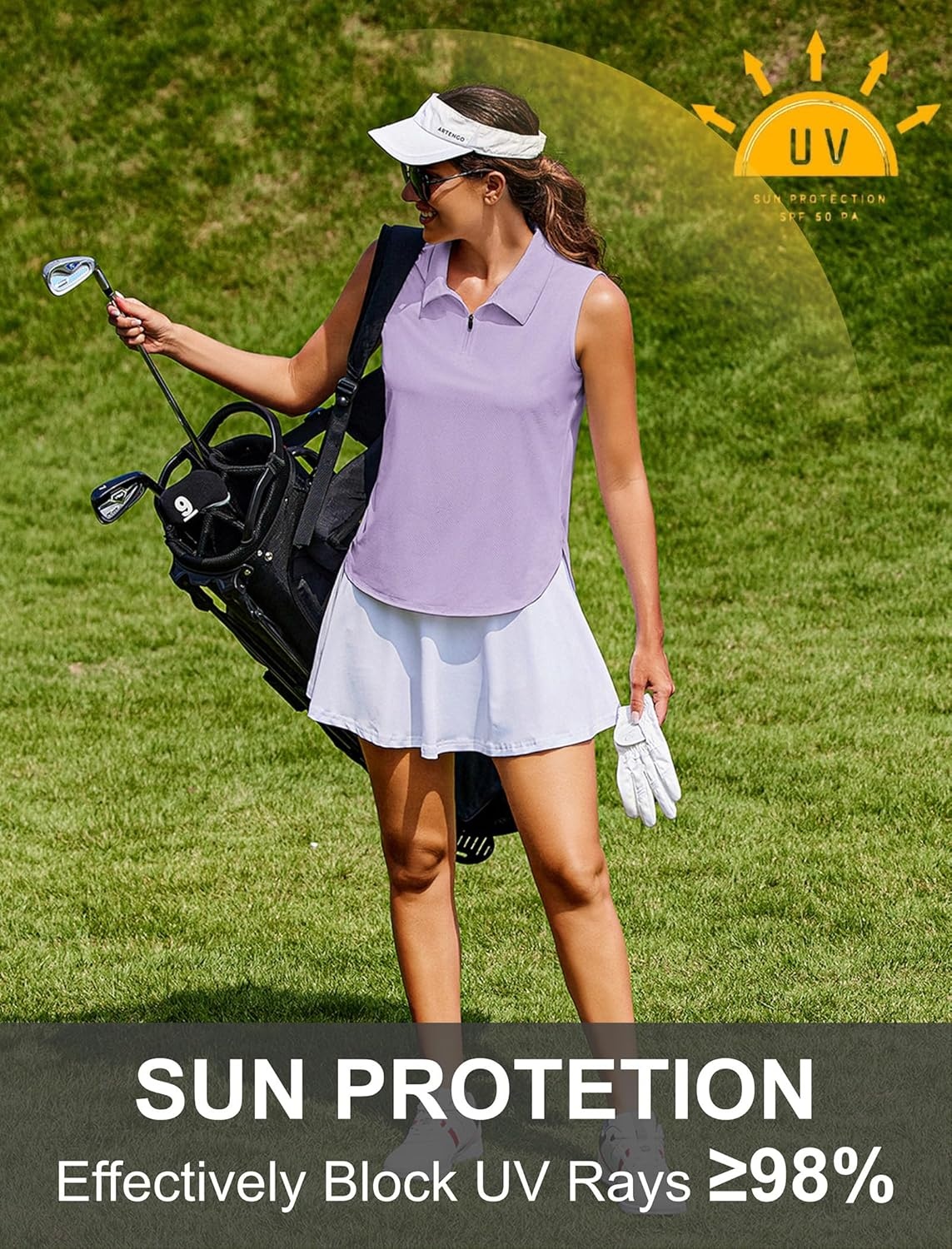 image:imagePINSPARK Women Golf Shirts Sleeveless UPF 50 Tennis Polo VNeck Quick Dry Athletic T Shirt 14 Zip Collar Workout Tank TopPurple