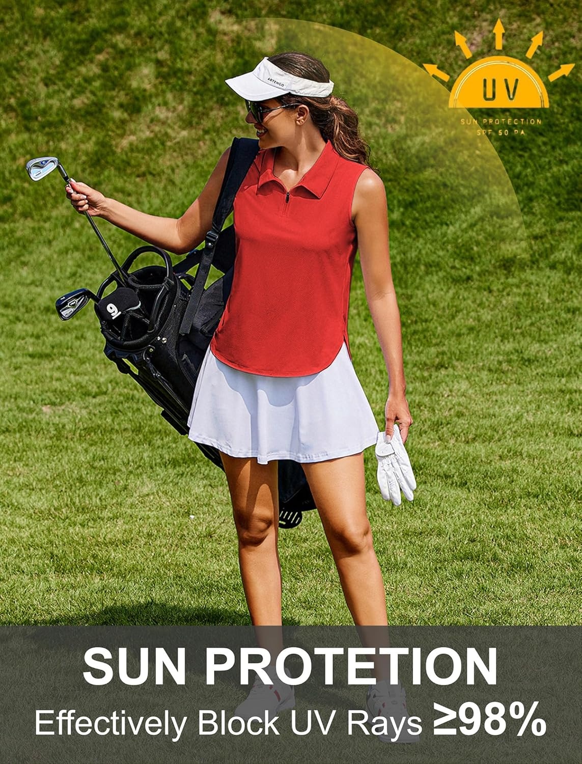 image:imagePINSPARK Women Golf Shirts Sleeveless UPF 50 Tennis Polo VNeck Quick Dry Athletic T Shirt 14 Zip Collar Workout Tank TopRed