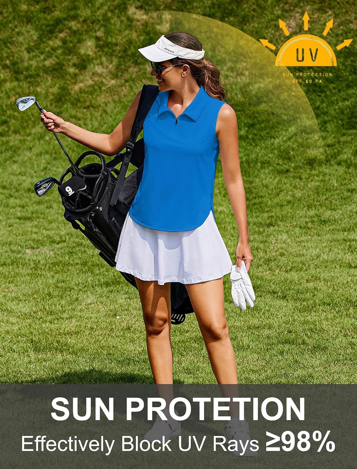 image:imagePINSPARK Women Golf Shirts Sleeveless UPF 50 Tennis Polo VNeck Quick Dry Athletic T Shirt 14 Zip Collar Workout Tank TopSparkle Blue
