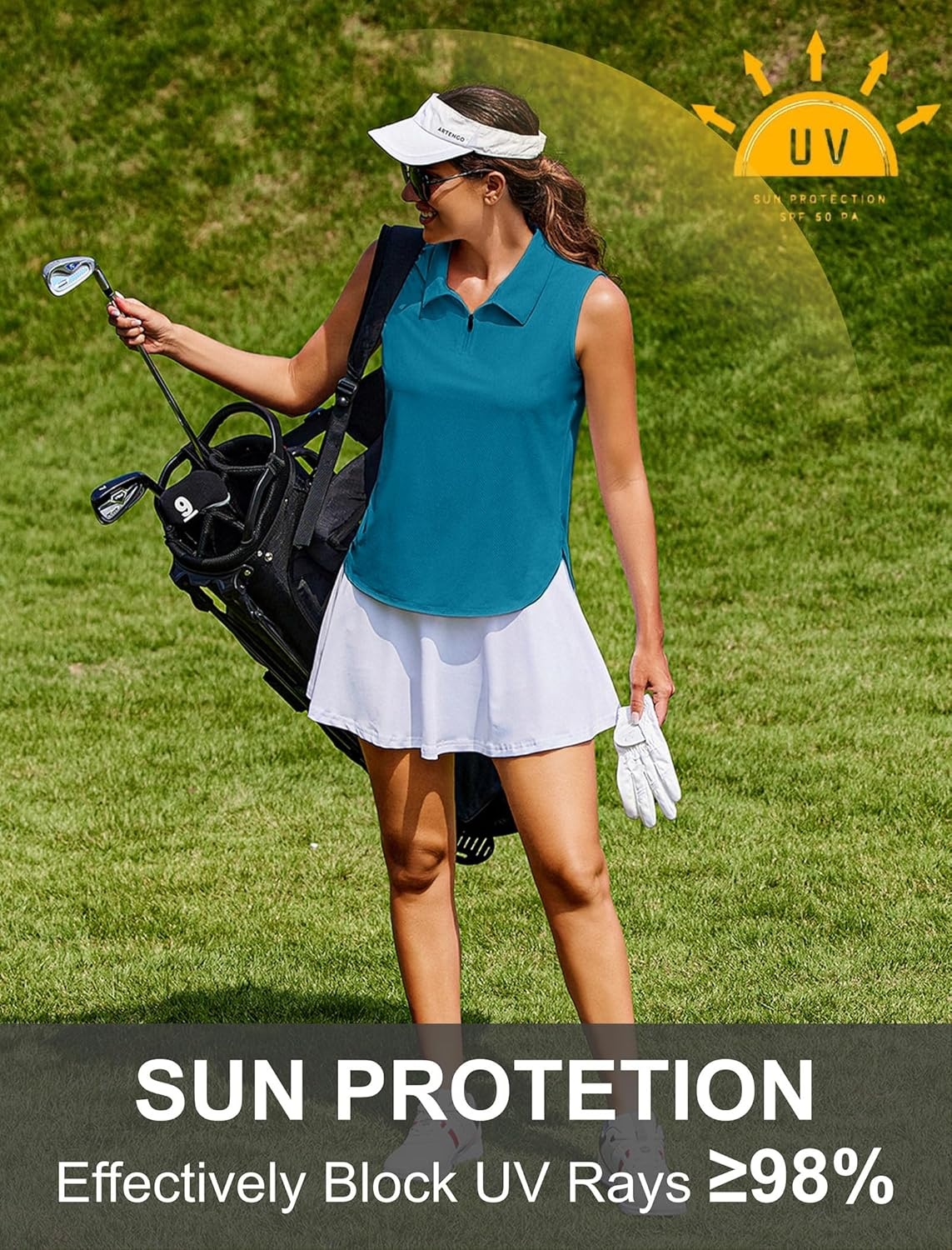 image:imagePINSPARK Women Golf Shirts Sleeveless UPF 50 Tennis Polo VNeck Quick Dry Athletic T Shirt 14 Zip Collar Workout Tank TopTeal