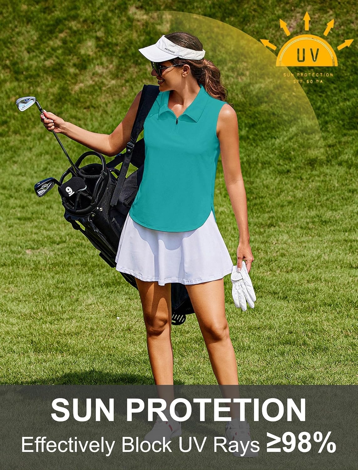image:imagePINSPARK Women Golf Shirts Sleeveless UPF 50 Tennis Polo VNeck Quick Dry Athletic T Shirt 14 Zip Collar Workout Tank TopTurquoise