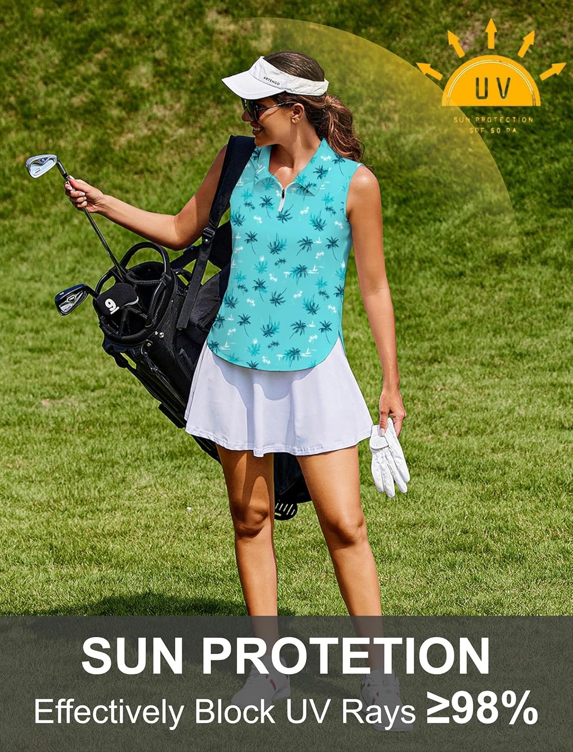 image:imagePINSPARK Women Golf Shirts Sleeveless UPF 50 Tennis Polo VNeck Quick Dry Athletic T Shirt 14 Zip Collar Workout Tank TopTurquoise Coconut Tree