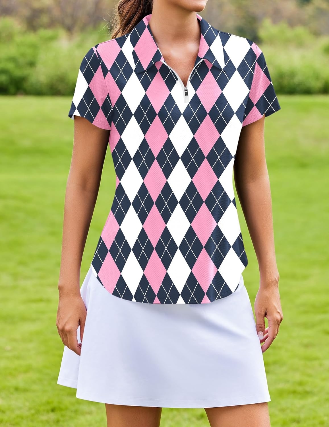 image:imagePINSPARK Womens Golf Shirt Short Sleeve UPF 50 Tennis Polo Shirts 14 Zip Up Collared Quick Dry Athletic Pickleball ShirtBlack Pink Plaid