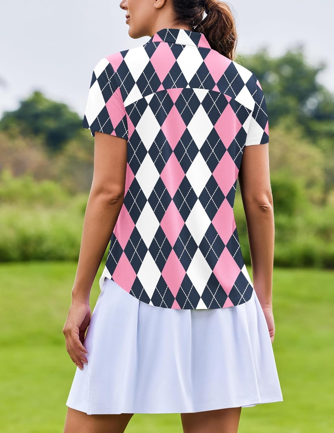 image:imagePINSPARK Womens Golf Shirt Short Sleeve UPF 50 Tennis Polo Shirts 14 Zip Up Collared Quick Dry Athletic Pickleball ShirtBlack Pink Plaid