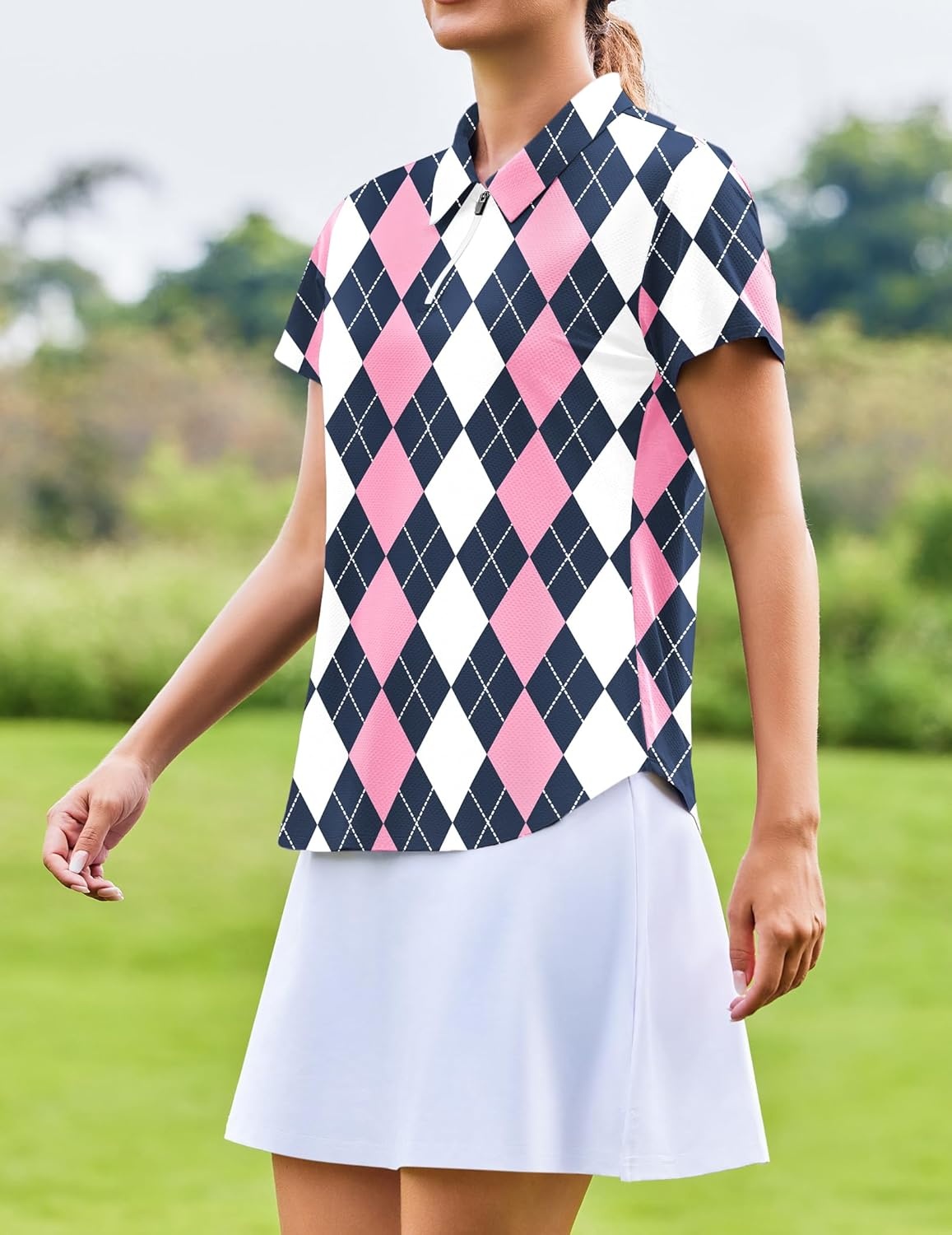 image:imagePINSPARK Womens Golf Shirt Short Sleeve UPF 50 Tennis Polo Shirts 14 Zip Up Collared Quick Dry Athletic Pickleball ShirtBlack Pink Plaid