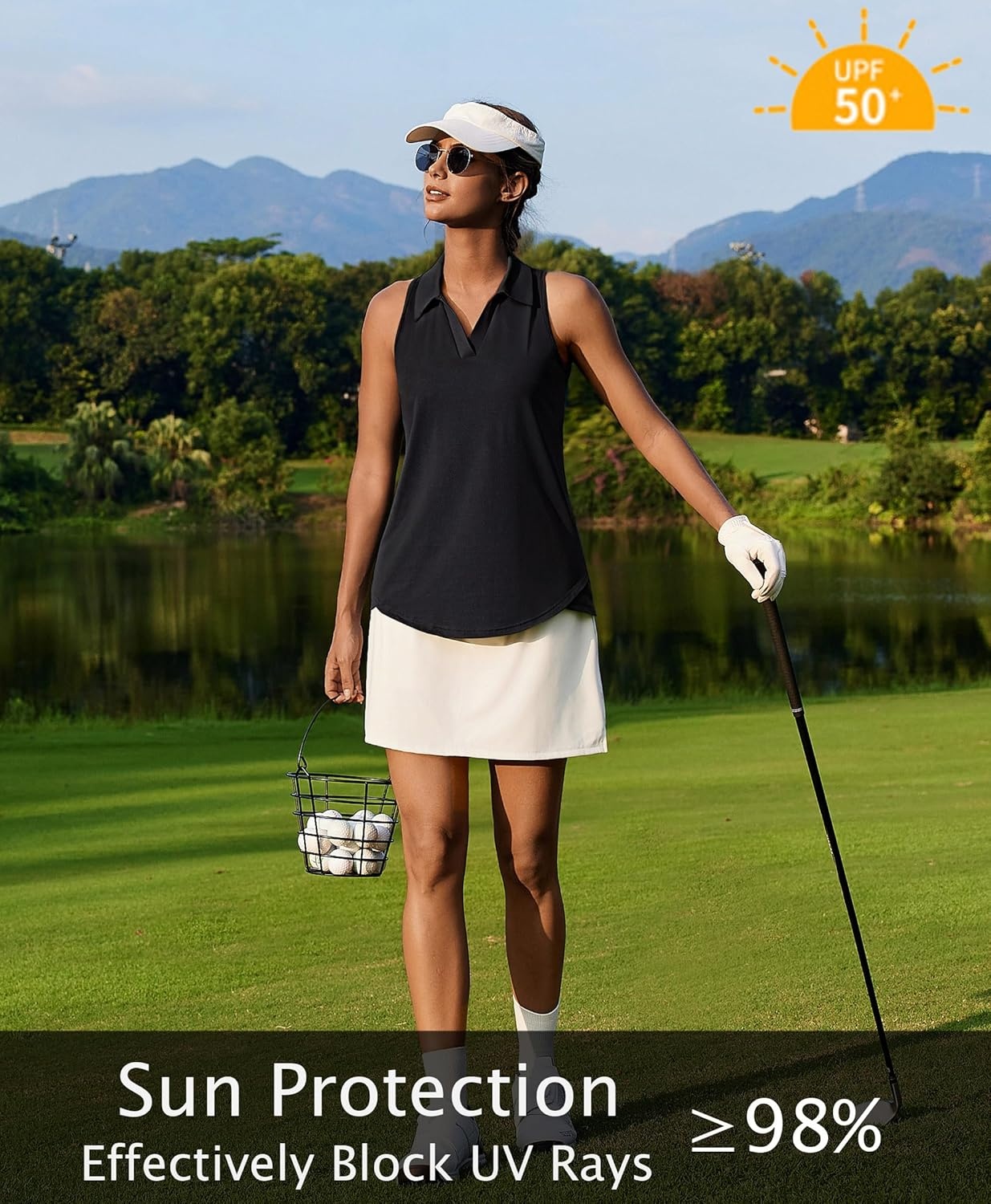 image:imagePINSPARK Womens Golf Shirt UPF 50 Sleeveless Collared Shirts Quick Dry Tennis Polo VNeck Racerback Athletic Workout TankBlack