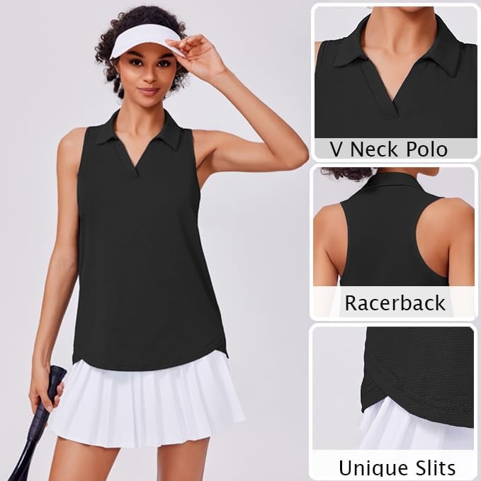 image:imagePINSPARK Womens Golf Shirt UPF 50 Sleeveless Collared Shirts Quick Dry Tennis Polo VNeck Racerback Athletic Workout TankBlack