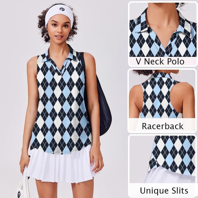 image:imagePINSPARK Womens Golf Shirt UPF 50 Sleeveless Collared Shirts Quick Dry Tennis Polo VNeck Racerback Athletic Workout TankBlack Blue Plaid