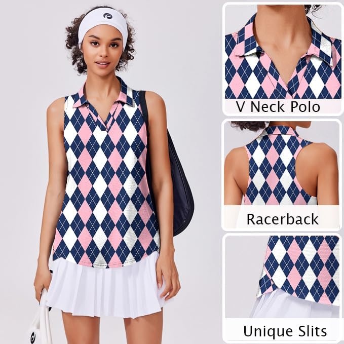 image:imagePINSPARK Womens Golf Shirt UPF 50 Sleeveless Collared Shirts Quick Dry Tennis Polo VNeck Racerback Athletic Workout TankBlack Pink Plaid
