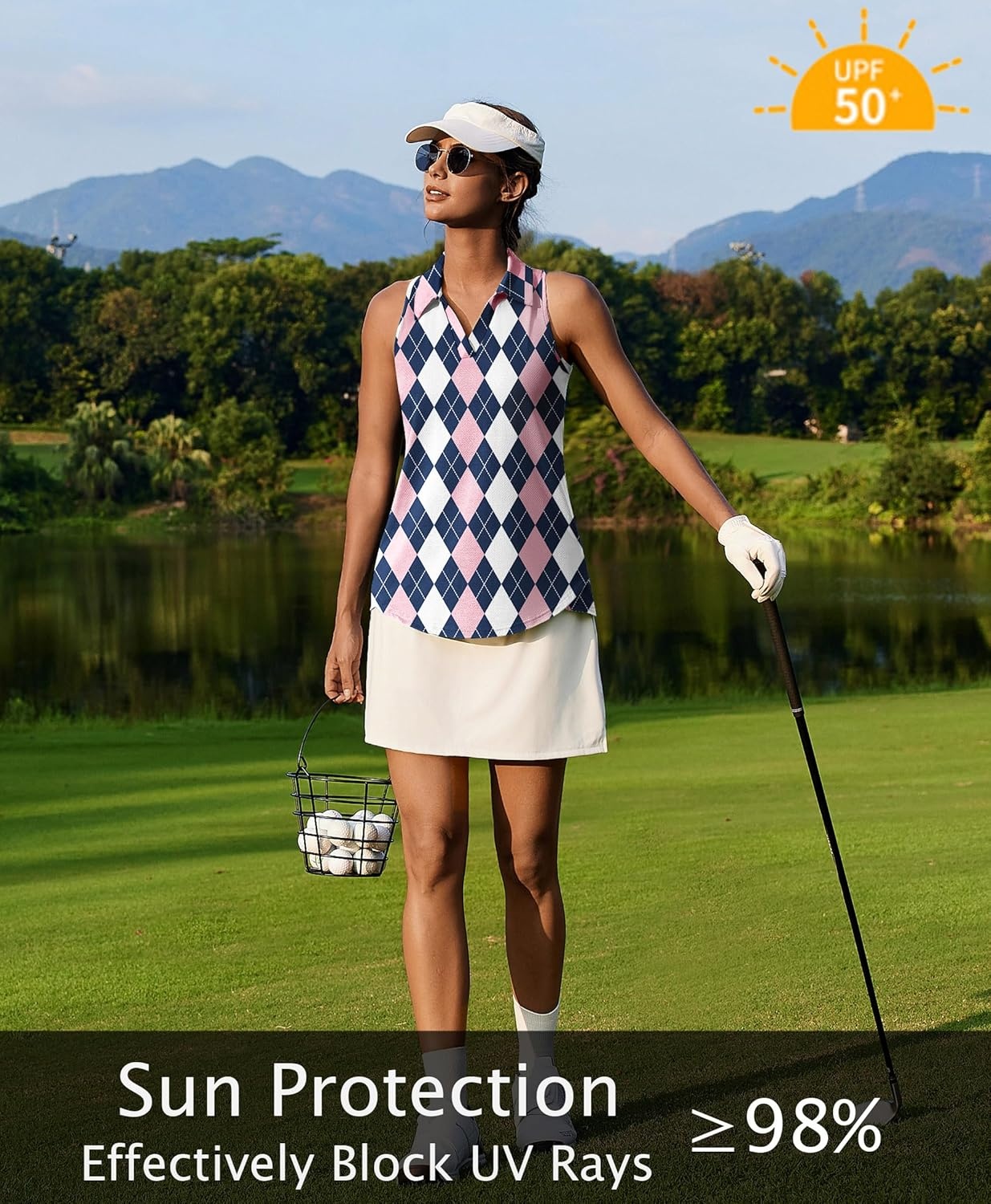 image:imagePINSPARK Womens Golf Shirt UPF 50 Sleeveless Collared Shirts Quick Dry Tennis Polo VNeck Racerback Athletic Workout TankBlack Pink Plaid