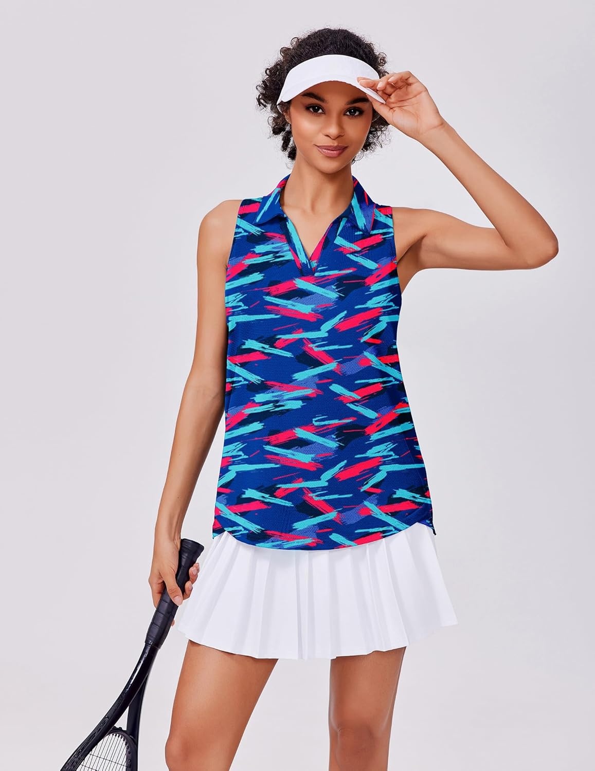 image:imagePINSPARK Womens Golf Shirt UPF 50 Sleeveless Collared Shirts Quick Dry Tennis Polo VNeck Racerback Athletic Workout TankColorful Geometry