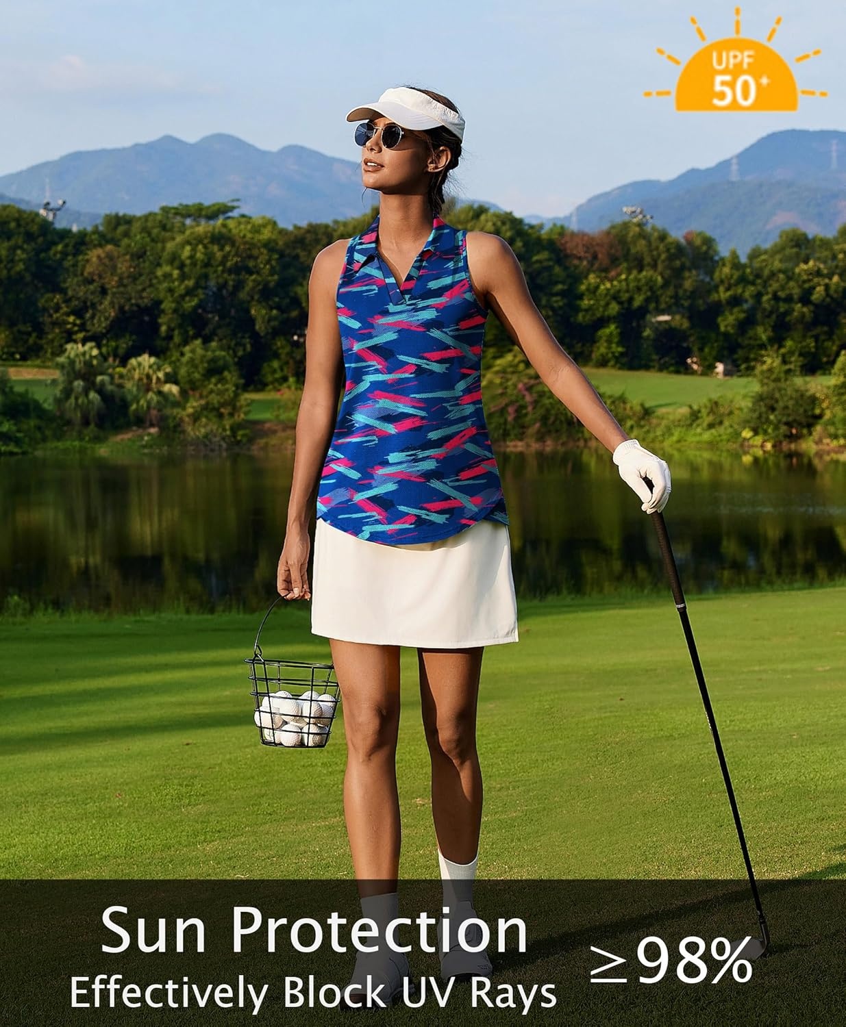 image:imagePINSPARK Womens Golf Shirt UPF 50 Sleeveless Collared Shirts Quick Dry Tennis Polo VNeck Racerback Athletic Workout TankColorful Geometry