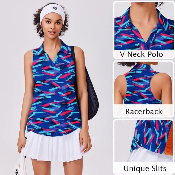 image:imagePINSPARK Womens Golf Shirt UPF 50 Sleeveless Collared Shirts Quick Dry Tennis Polo VNeck Racerback Athletic Workout TankColorful Geometry