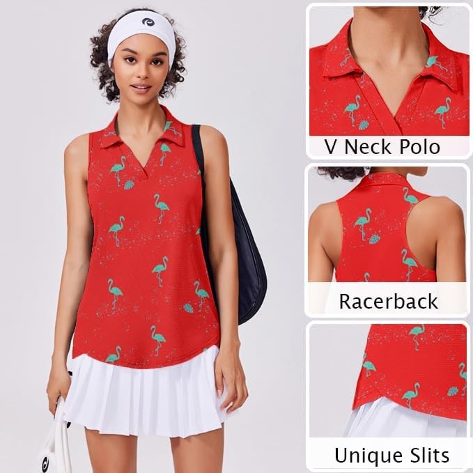 image:imagePINSPARK Womens Golf Shirt UPF 50 Sleeveless Collared Shirts Quick Dry Tennis Polo VNeck Racerback Athletic Workout TankFlamingo Red