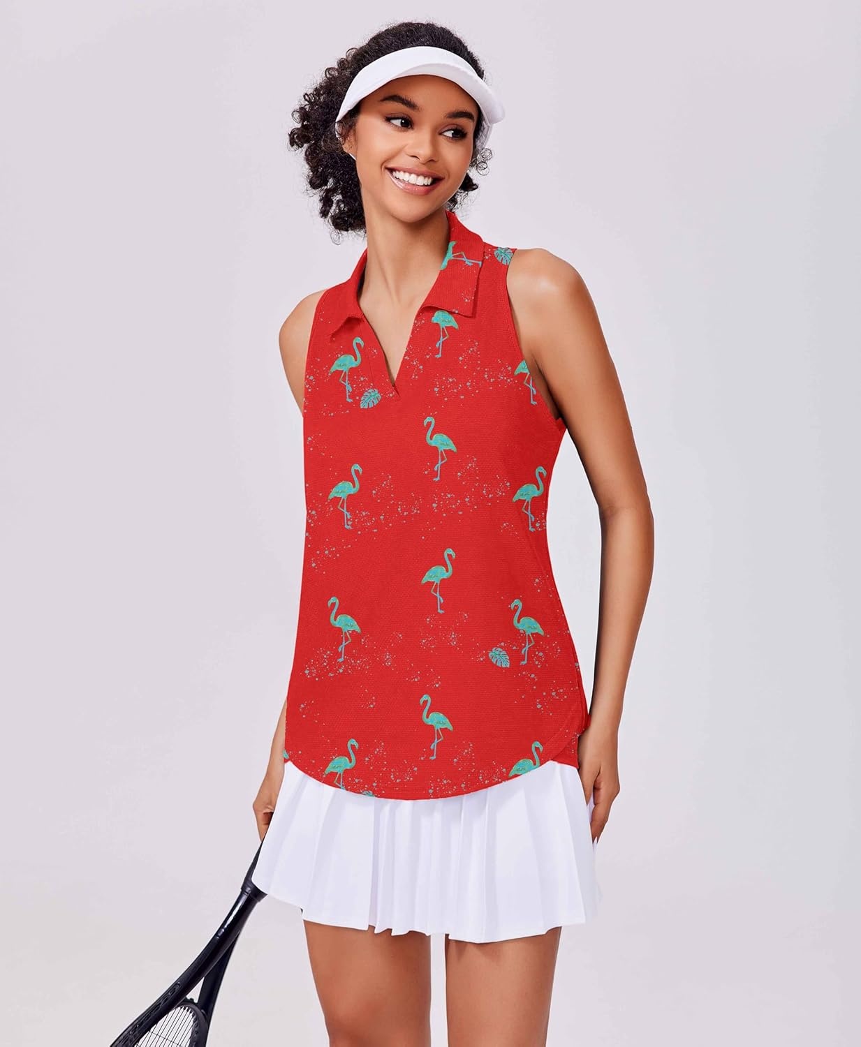image:imagePINSPARK Womens Golf Shirt UPF 50 Sleeveless Collared Shirts Quick Dry Tennis Polo VNeck Racerback Athletic Workout TankFlamingo Red