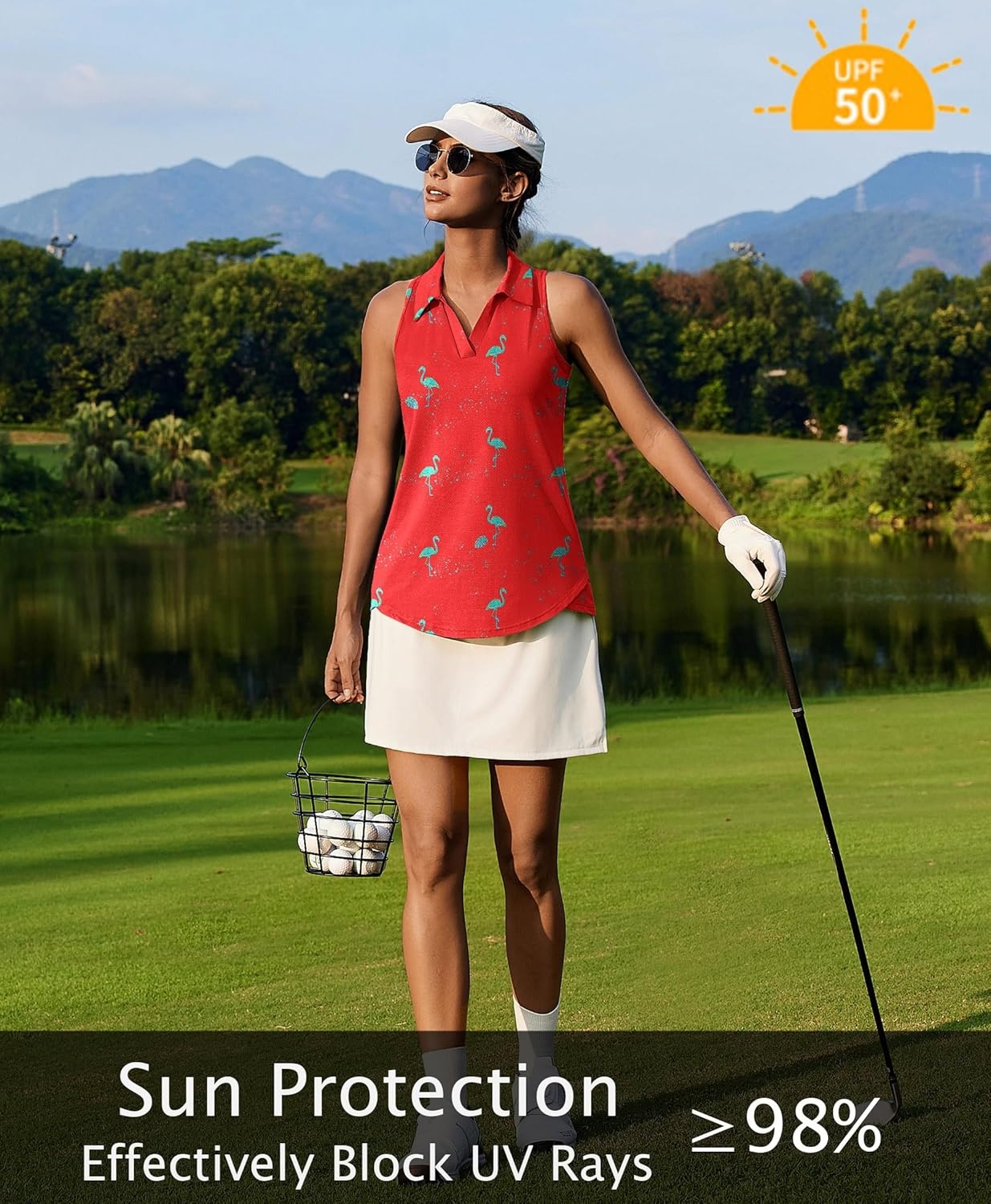 image:imagePINSPARK Womens Golf Shirt UPF 50 Sleeveless Collared Shirts Quick Dry Tennis Polo VNeck Racerback Athletic Workout TankFlamingo Red